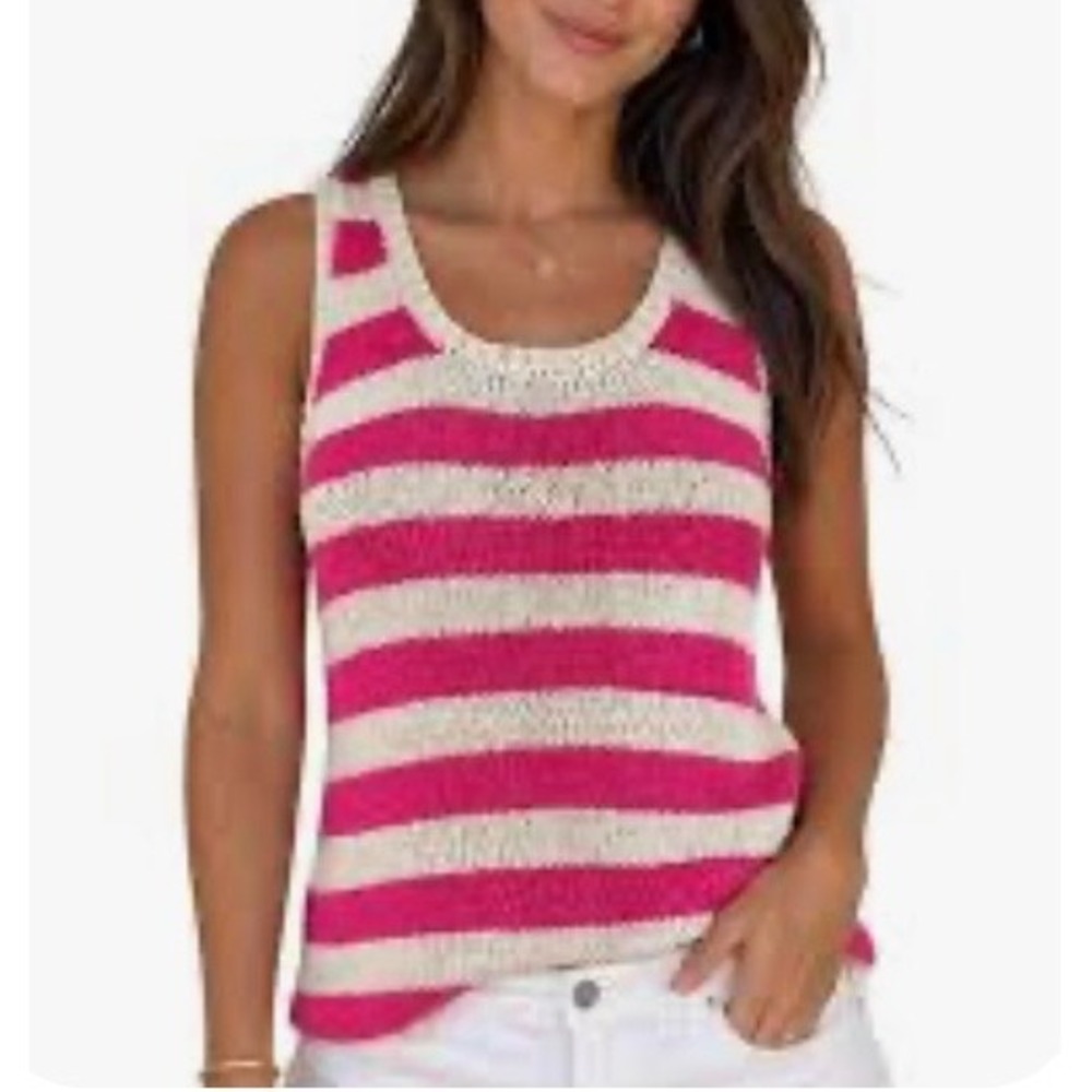 LOFT Striped Knit Tank Top Open Stitch Sweater Small Pink White Crochet Summer